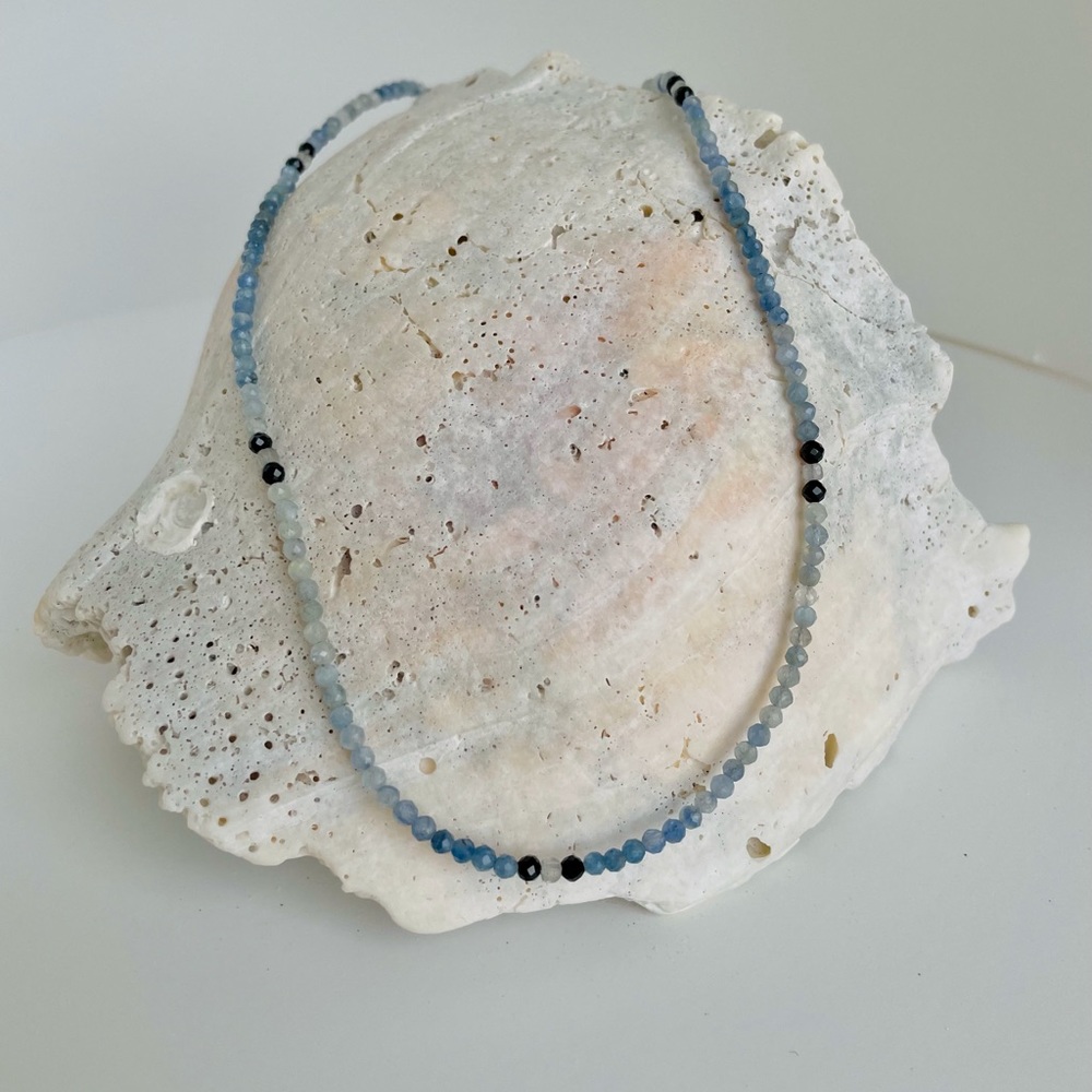 Handmade artisan choker necklace is a sophisticated mix of navy/black/gray gems.